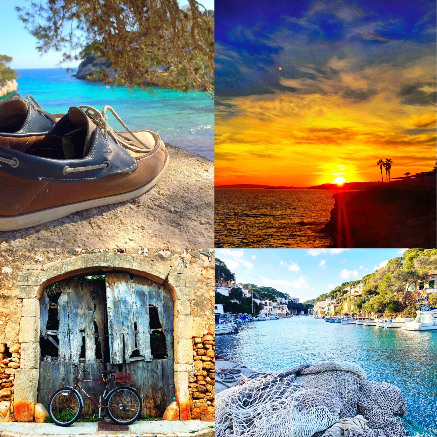 Mallorca-Impressionen: Bootsschuhe an einer Meerbucht, Sonnenuntergang über dem Meer, ein historisches Holztor mit rotem Fahrrad und ein Fischernetz an einem Hafen